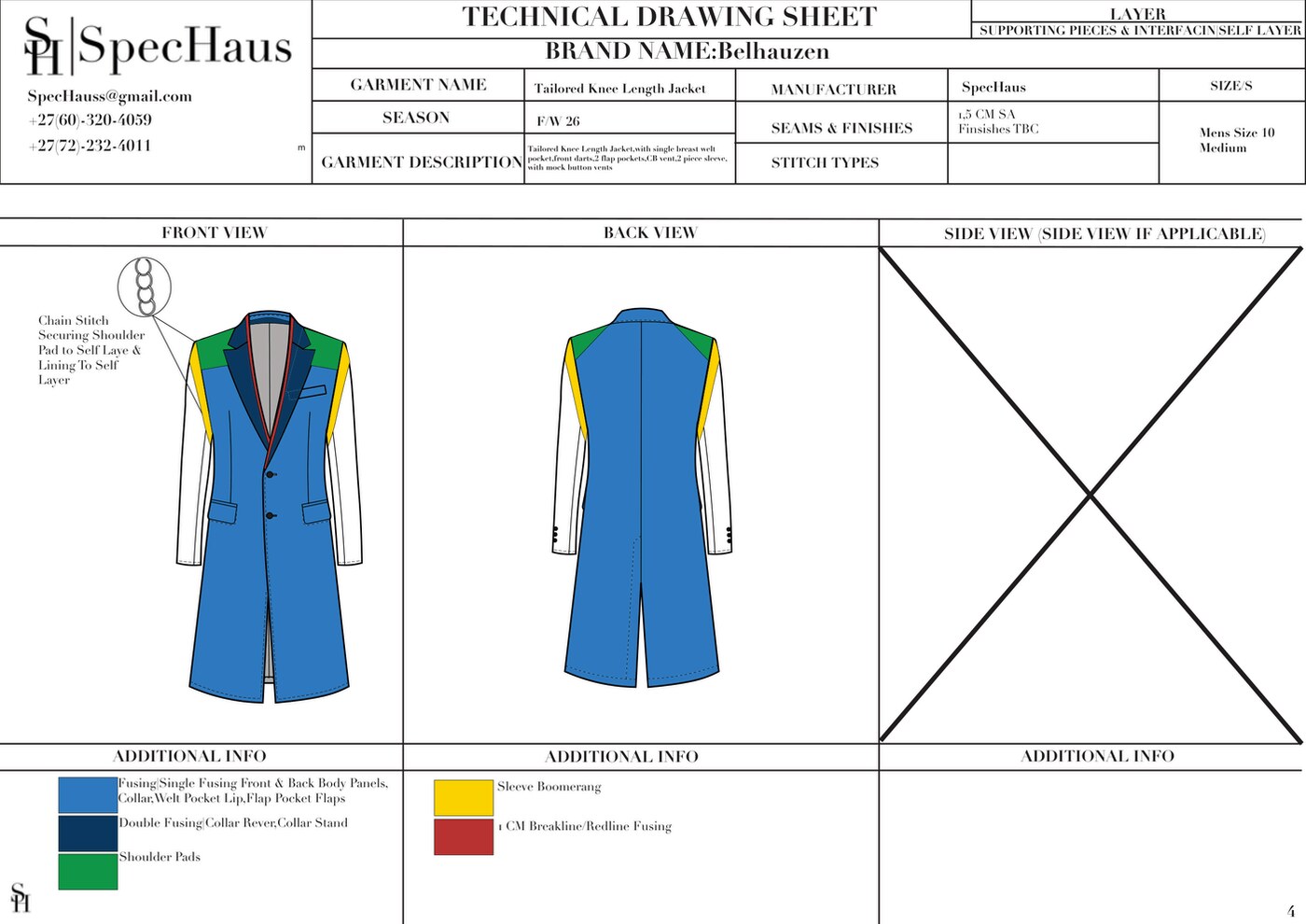 SpecHaus expanded layer technical drawing sheet for a Belhauzen tailored jacket