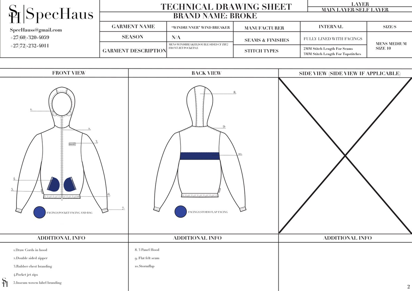 SpecHaus technical sheet detailing trims and fabric layers for a BROKE windbreaker