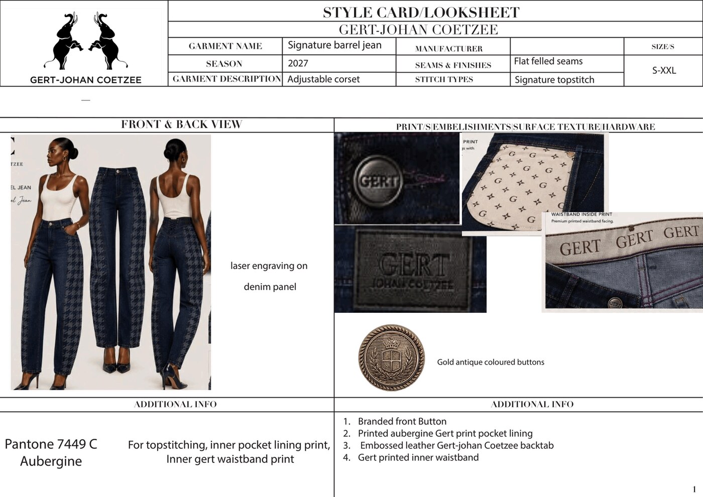 SpecHaus looksheet / style card for a Gert-Johan Coetzee signature barrel jean